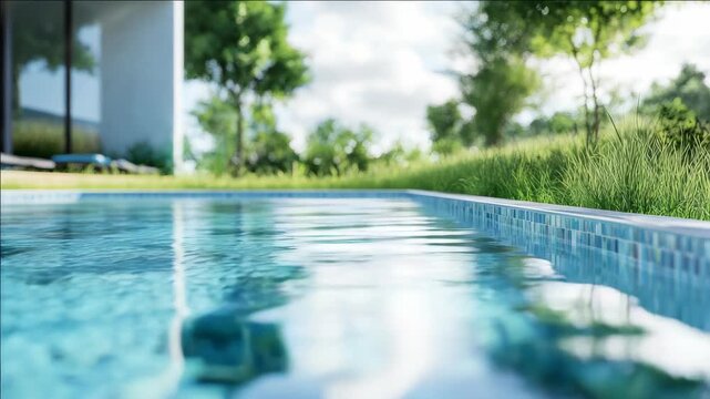 A serene view of a swimming pool with vibrant blue tiles set against a lush green lawn under clear skies.