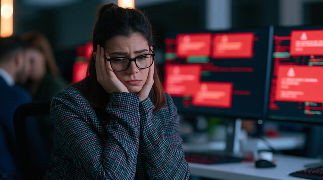 Frustration in Tech: A stressed female programmer in glasses, with hands on her face, experiences a system failure displayed on multiple computer screens with red error messages.
