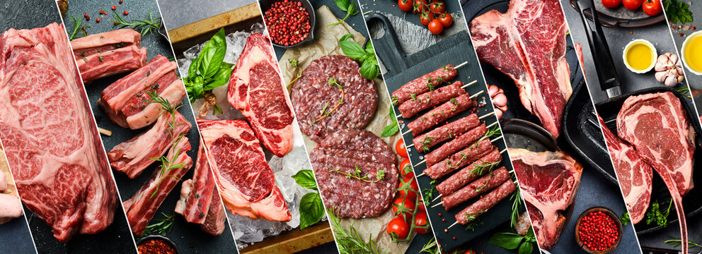 Food collage: fresh meat, steaks and sausages. Barbecue set.