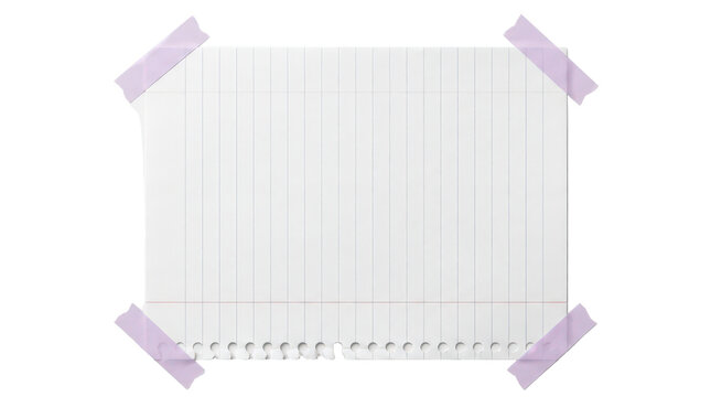 Lined notebook paper sheet taped with purple tape isolated isolated on transparent background