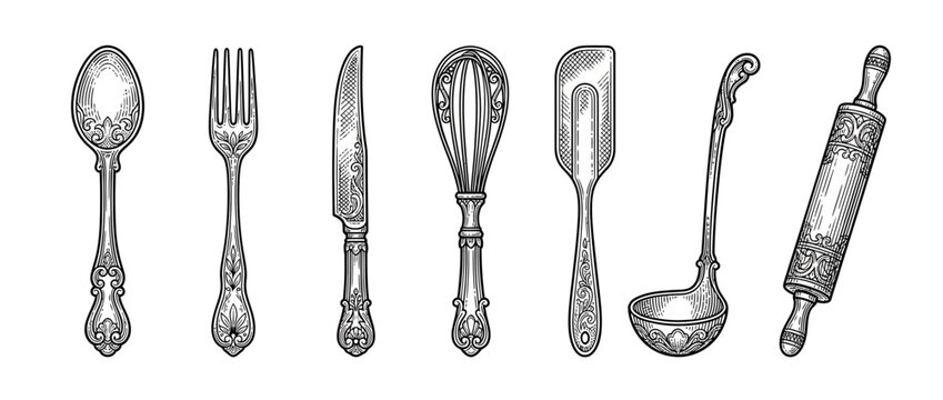 Engraved Vintage Kitchen Utensils Set Isolated