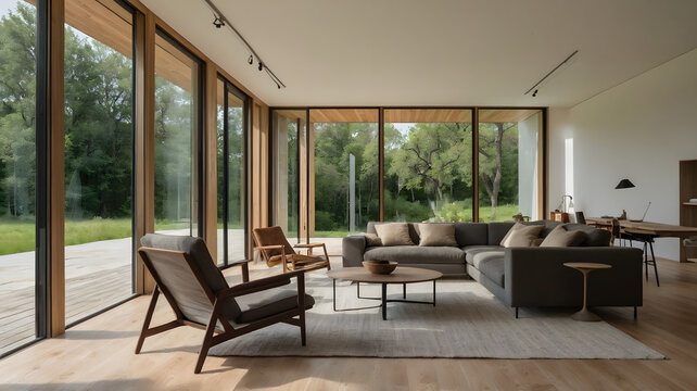 Elegant glass house veranda living room interior with modern black lounge armchair