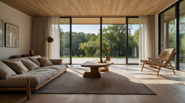  Luxury modern living room interior with large panoramic windows overlooking green garden