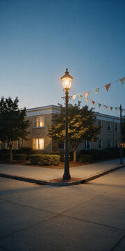 Vertical photo of an illuminated classic street lamp on a corner at dusk. Ordinary residential brick building with lit windows and festive bunting in a quiet neighborhood