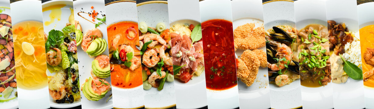 Collage food in plates: salads, soups and main dishes. European cuisine.