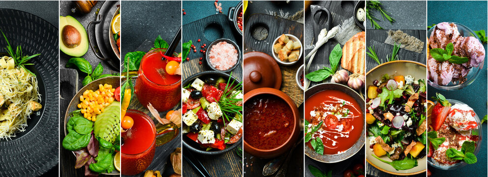 Food collage. Set of food, drinks and snacks.