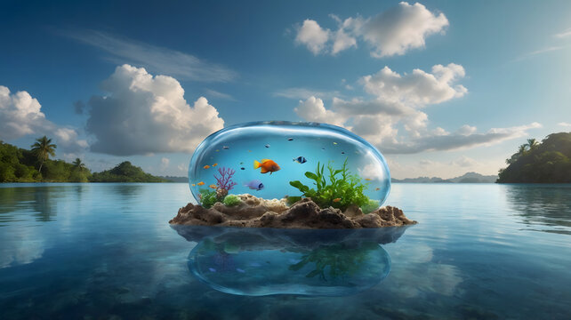 Beautiful glass fishbowl with small fish inside sitting on sandy ocean beach