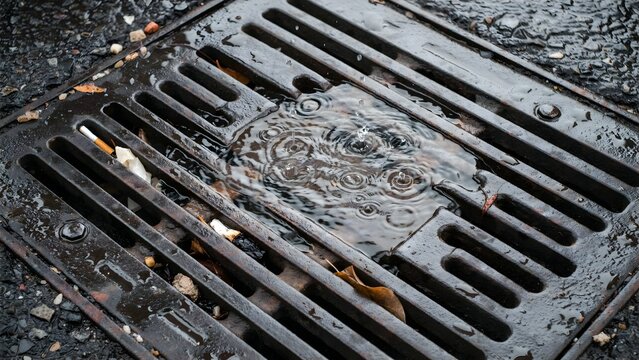 Water Puddles Collecting in Urban Drainage Grate After Rainfall