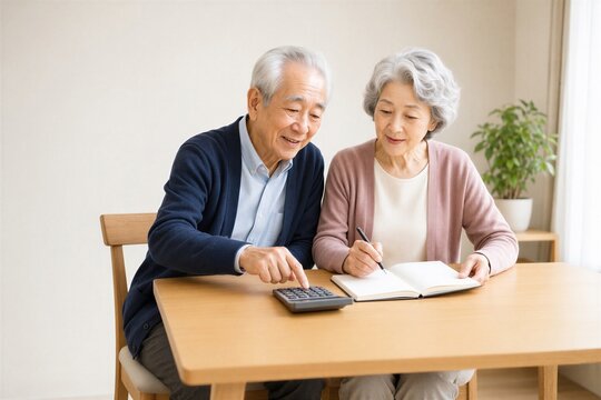 自宅で生活費を計算する日本人の高齢夫婦