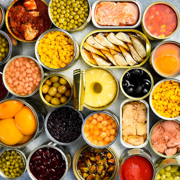 A large set of pickled and canned foods on the background. Metal cans with canned vegetables, beans, fish, seafood and fruit. Top view.