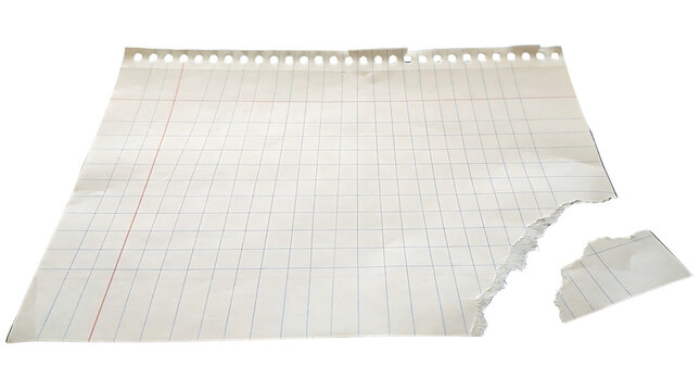 Torn graph paper with red and blue lines, isolated on a white background, representing notes or planning