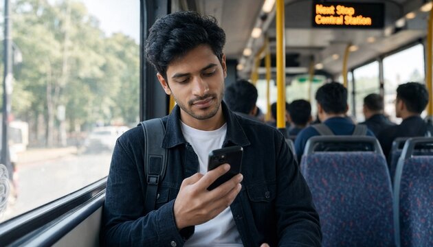 Man using smartphone on public transport bus with blurred passengers in background