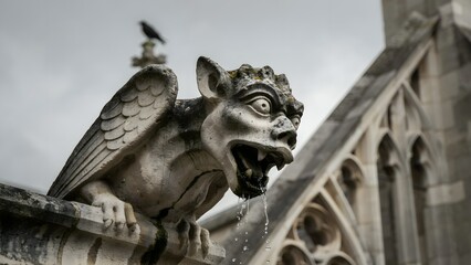 Fototapeta premium Stone Gargoyle Spitting Water with Dark Clouds in Background