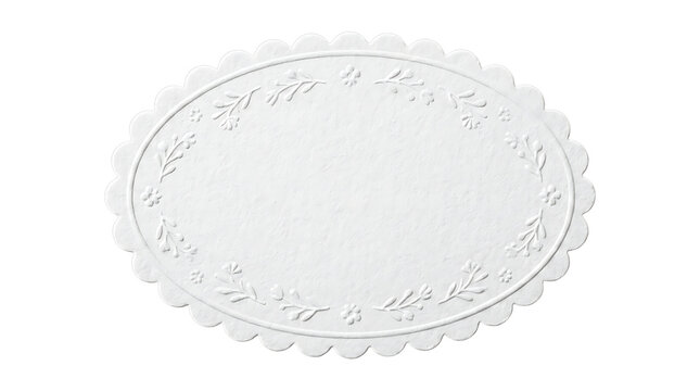 White embossed paper lace oval doily with scalloped edges and floral pattern on white background