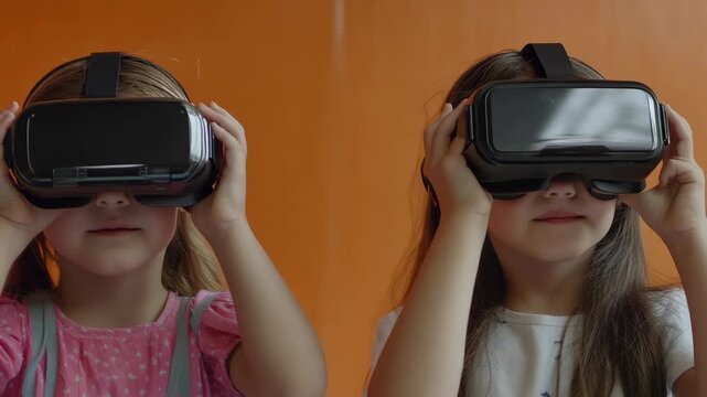 Young girls using VR headsets for entertainment at home