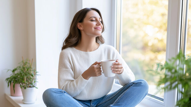 Young woman sitting cross-legged on a windowsill, holding a white mug, enjoying a moment of relaxation with sunlight filtering through the window