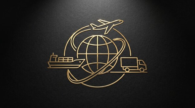 Golden metallic logistics symbol featuring airplane cargo ship and delivery truck encircling a central globe icon set against a dark textured background with dramatic lighting