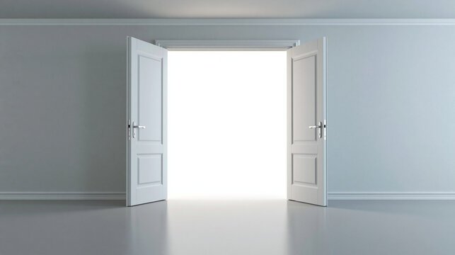 Open white double doors revealing bright light in an empty, modern room. Symbolizes opportunity, new beginnings, and hope.