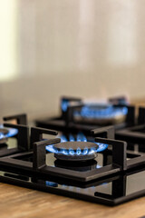 Fototapeta na wymiar Gas stove burner with blue flame. Vertical kitchen appliance detail with copy space.