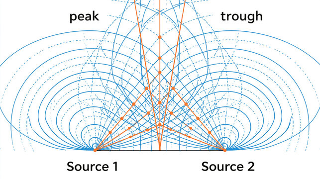 Wave interference diagram showing two sources creating peak and trough patterns. Physics concept illustration for science education and research.
