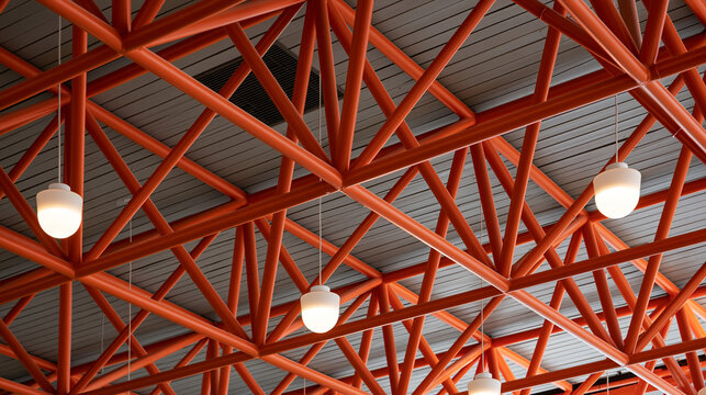 Vibrant orange geometric truss ceiling with modern white pendant lights illuminates a contemporary urban interior.