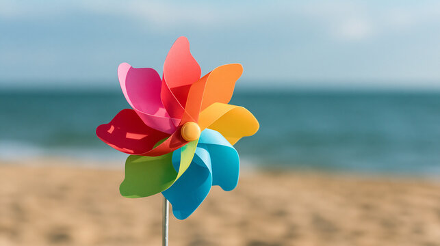 A vibrant, colorful pinwheel stands on a sunny beach with the ocean in the background. Perfect for summer, vacation, and childhood concepts.