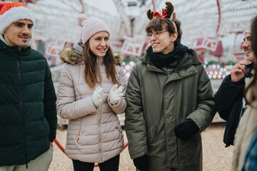Fototapeta premium A group of young friends dressed in winter coats laugh and chat at a Christmas fair. They enjoy a festive outdoor amusement area with lit rides and cold-weather clothing.