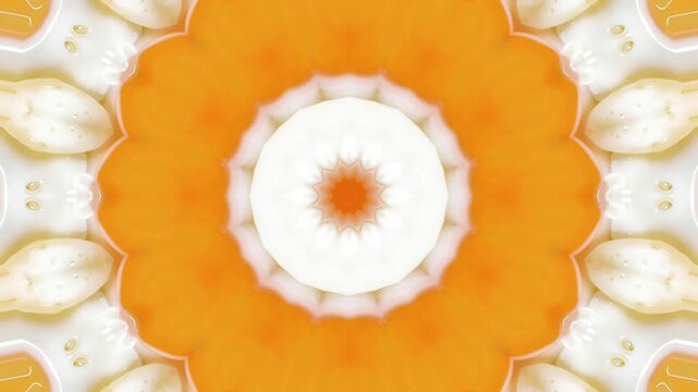 Smooth kaleidoscope motion video of bright yellow fried edd pattern forming soft organic flower mandala abstract background graphic element