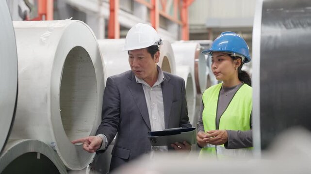 Asian senior business man owner with woman warehouse worker looking data inventory report metal sheet material in storage at manufacturing factory