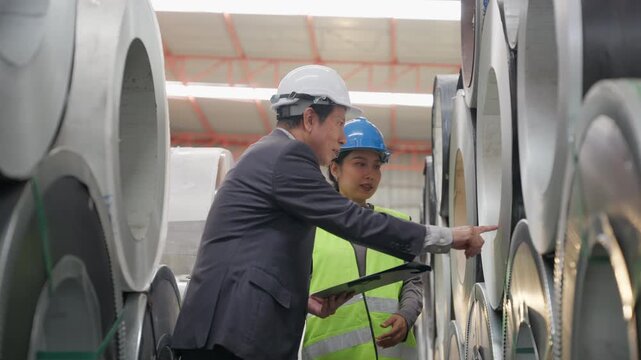 Asian senior business man owner with woman warehouse worker looking data inventory report metal sheet material in storage at manufacturing factory