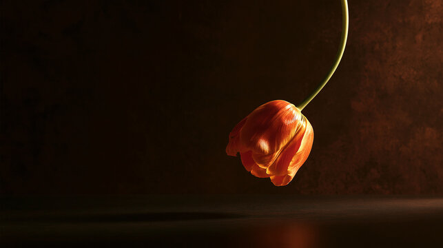 Single orange tulip hanging in dramatic low-light studio setting. Evocative image for fine art decor or mourning themes.
