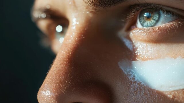 An intense portrait focusing on skin texture due to perspiration. This conveys a sense of physical exertion under the sun.