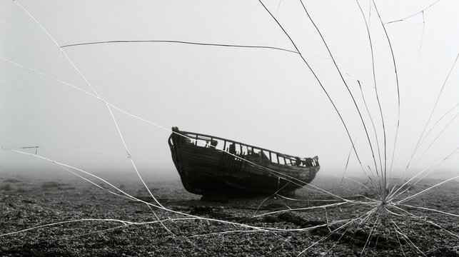 An abandoned wooden boat rests on a misty, barren landscape, viewed through dramatically cracked glass. This powerfully conveys themes of brokenness, despair, and hardship.
