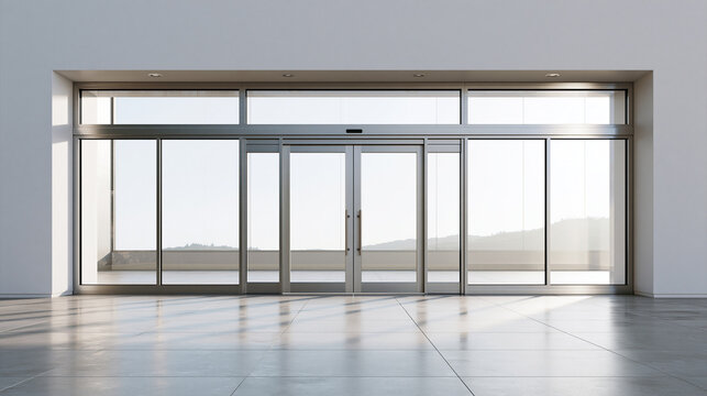 Modern automatic sliding glass doors entrance with bright sunlight and concrete floor. Architectural concept for business.
