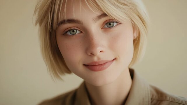 A young woman with light blonde hair, sparkling blue eyes, and subtle freckles on her cheeks and nose. She's wearing a tan top and has a soft smile.