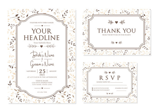 Brown Beige Botanical Leaf Wedding Invitation Suite Vector Template