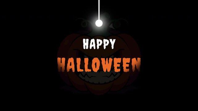 Spooky Halloween animation featuring a menacing jack o lantern pumpkin with happy halloween text and a descending light bulb on a black background with alpha channel for transparency