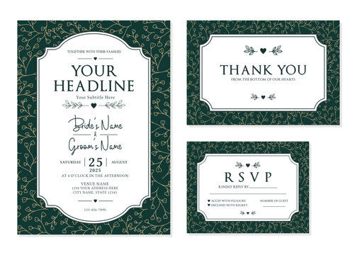 Dark Green Gold Heart Floral Wedding Invitation Suite Vector Template

