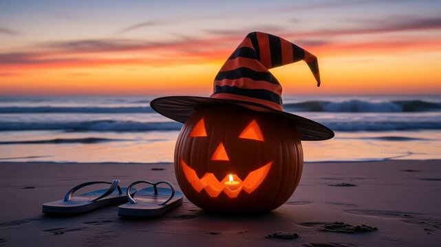Jackolantern with witch hat on a beach at sunset
