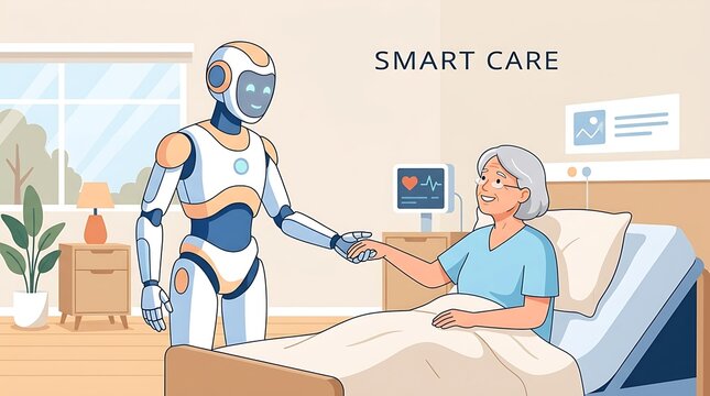 AI robot offering a helping hand to a patient, minimal Smart Care text, clean flat vector illustration