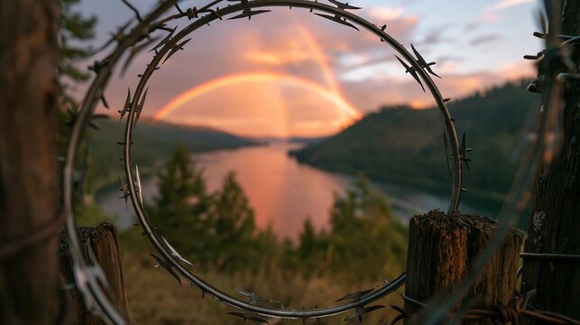 A barbed wire circle frames a breathtaking landscape with a river and a vibrant double rainbow at sunset. This image symbolizes hope, freedom, and overcoming challenges amidst.