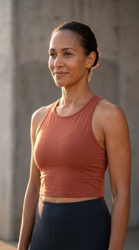 Attentive athletic woman gazes forward in a close portrait lit by warm outdoor sun