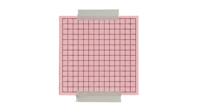 Pink grid paper sheet taped with grey masking tape isolated on transparent background