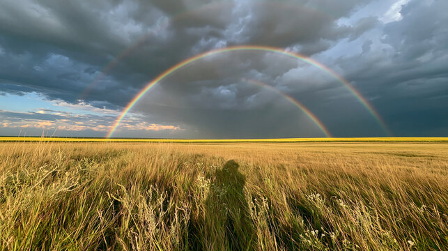 Vibrant double rainbow arches over a golden agricultural field under a dramatic cloudy sky. Symbolizes hope, natural beauty, and a serene rural landscape.
