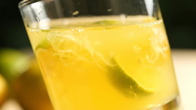 Close-up of a Vibrant Yellow Citrus Cocktail or Refreshing Drink Served in a Glass with Submerged Fresh Lime Slices and Bubbly Liquid