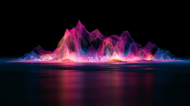 Vibrant digital art of a mountain range rendered in glowing neon lines and abstract forms. Futuristic concept for technology and data.