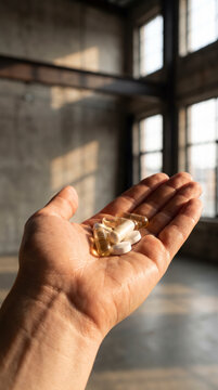 Curious hand offers a small pile of vitamin supplements inside a bright industrial space