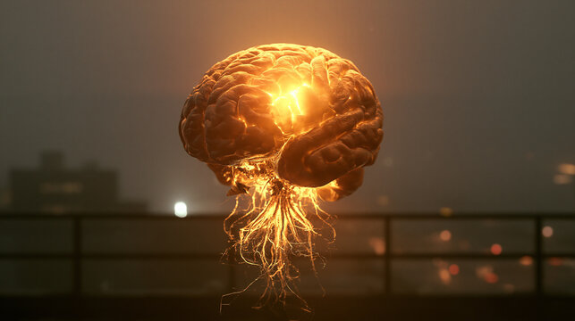 A glowing human brain with intricate neural roots floats above a blurred city skyline at dusk. It represents intelligence, creativity, and urban thought.