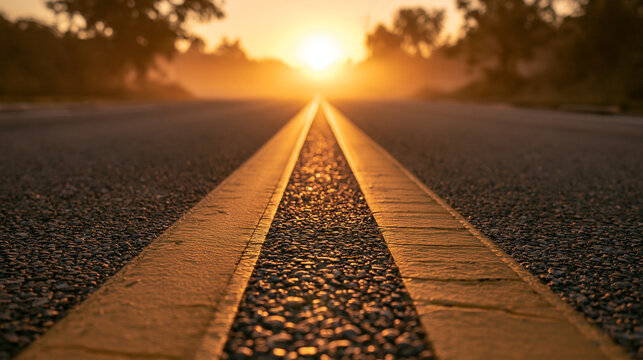 An empty asphalt road with prominent double yellow lines stretches into the misty distance, bathed in a warm, golden sunrise. Represents journey, future, or new beginnings.