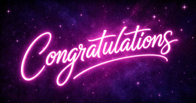 Bright neon congratulations text with elegant cursive font glowing in space theme background